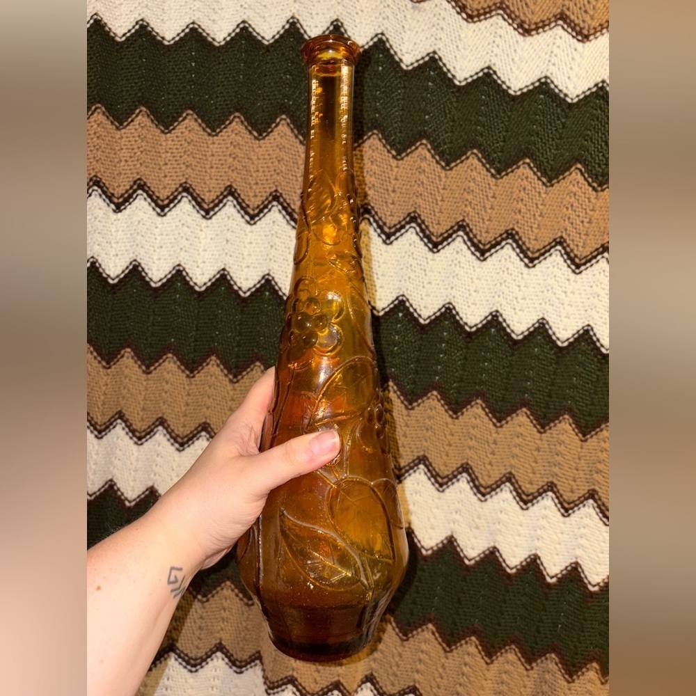 Vintage Empoli Amber Glass Genie Bottle Flower W/ Butterfly Made In Italy No Top